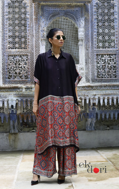Ajrakh Kaftan Kurta Dress 'Lakeer' : Modal Ajrakh Hand Block Kaftan Kurta Palazzo Set