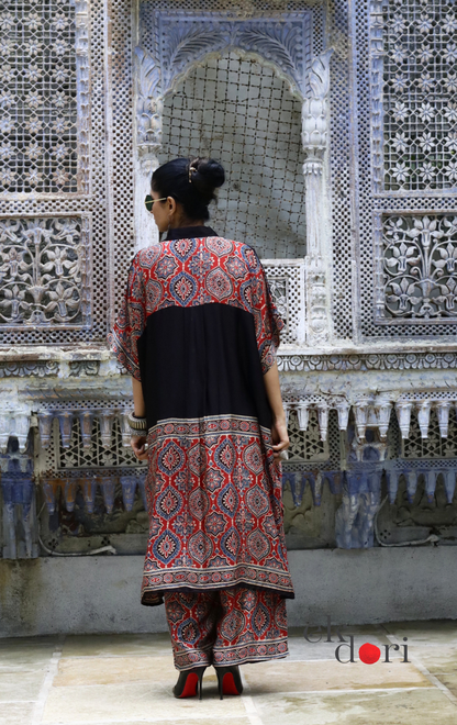 Ajrakh Kaftan Kurta Dress 'Lakeer' : Modal Ajrakh Hand Block Kaftan Kurta Palazzo Set