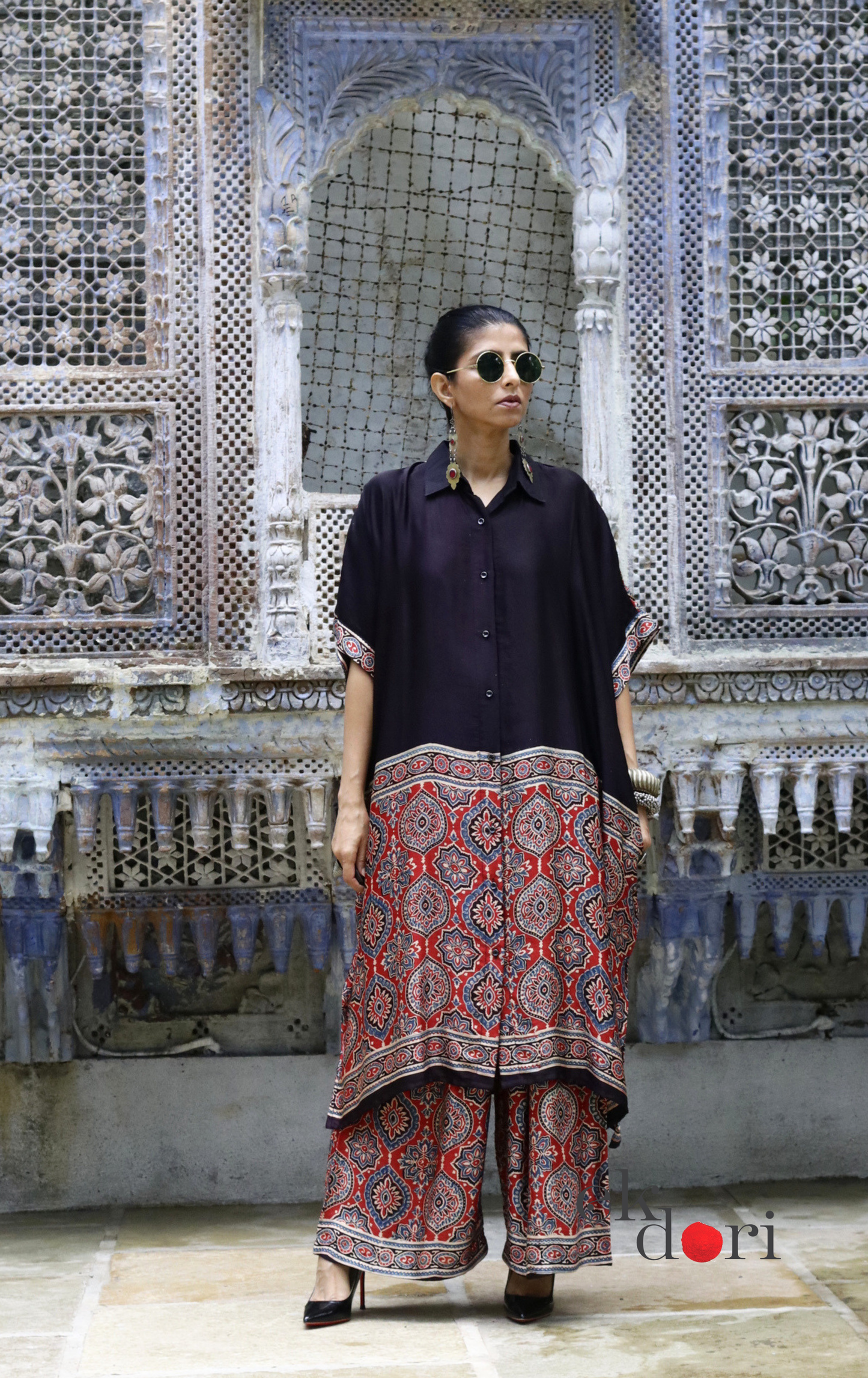 Ajrakh Kaftan Kurta Dress 'Lakeer' : Modal Ajrakh Hand Block Kaftan Kurta Palazzo Set
