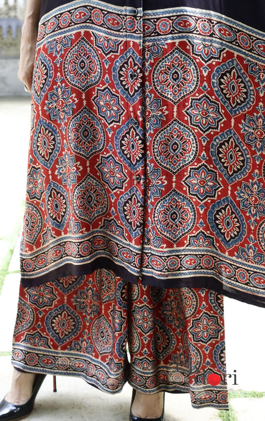Ajrakh Kaftan Kurta Dress 'Lakeer' : Modal Ajrakh Hand Block Kaftan Kurta Palazzo Set