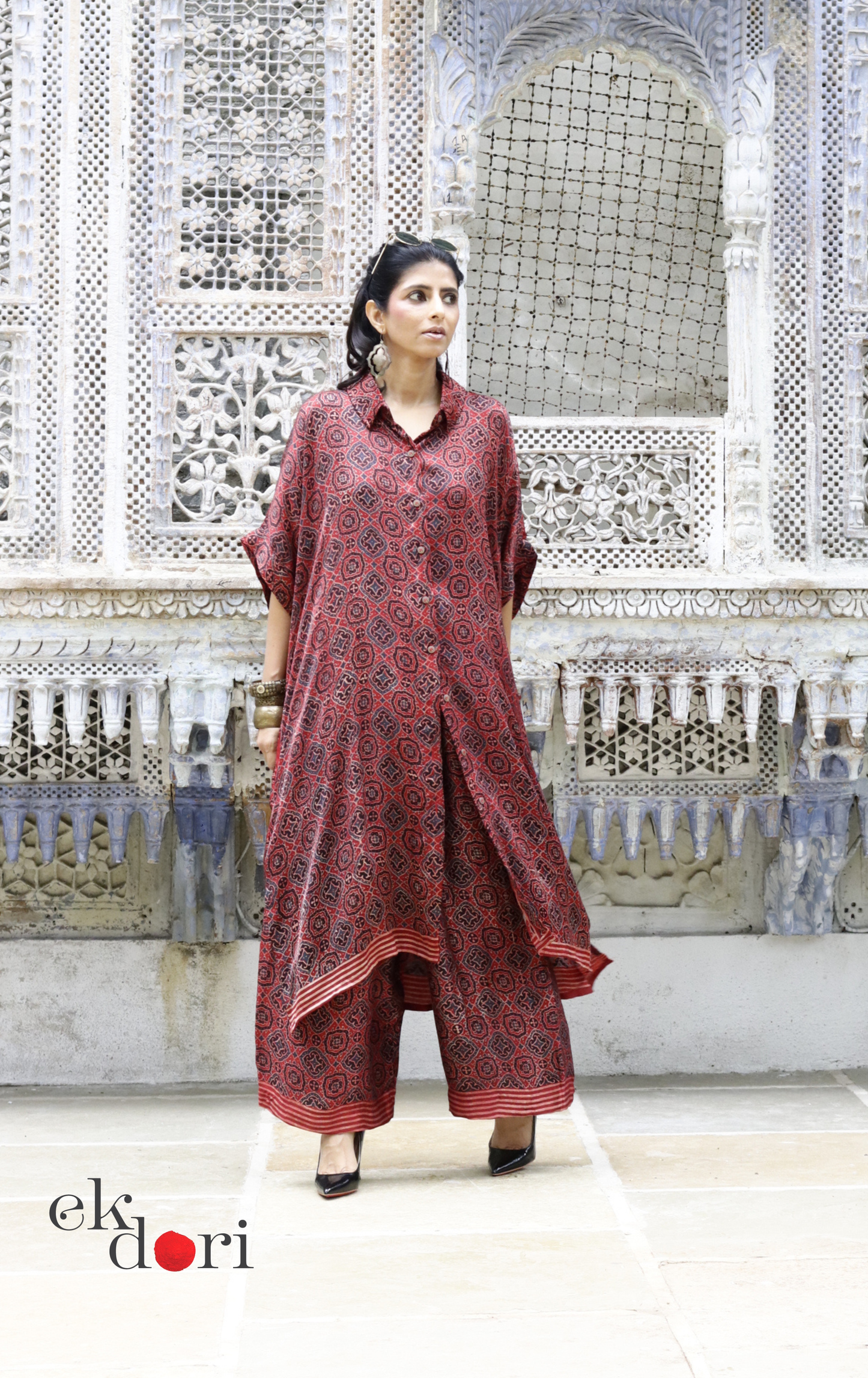 Ajrakh Kaftan Kurta Dress 'Lakeer' : Modal Ajrakh Hand Block Kaftan Kurta Palazzo Set
