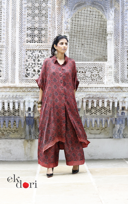 Ajrakh Kaftan Kurta Dress 'Lakeer' : Modal Ajrakh Hand Block Kaftan Kurta Palazzo Set