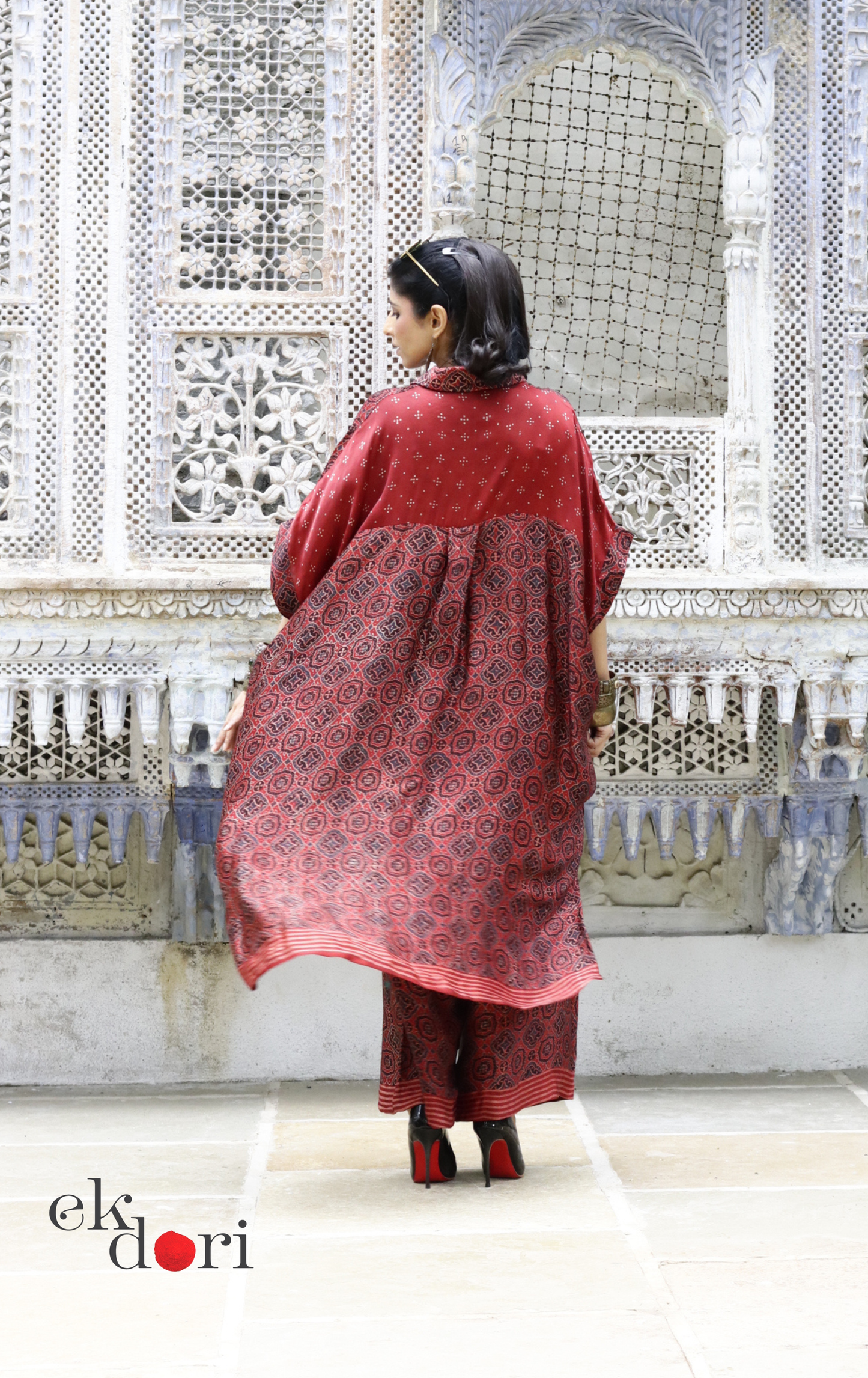 Ajrakh Kaftan Kurta Dress 'Lakeer' : Modal Ajrakh Hand Block Kaftan Kurta Palazzo Set