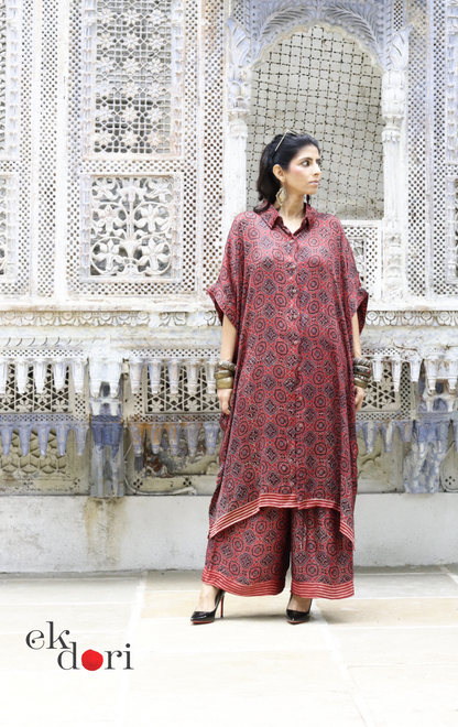 Ajrakh Kaftan Kurta Dress 'Lakeer' : Modal Ajrakh Hand Block Kaftan Kurta Palazzo Set