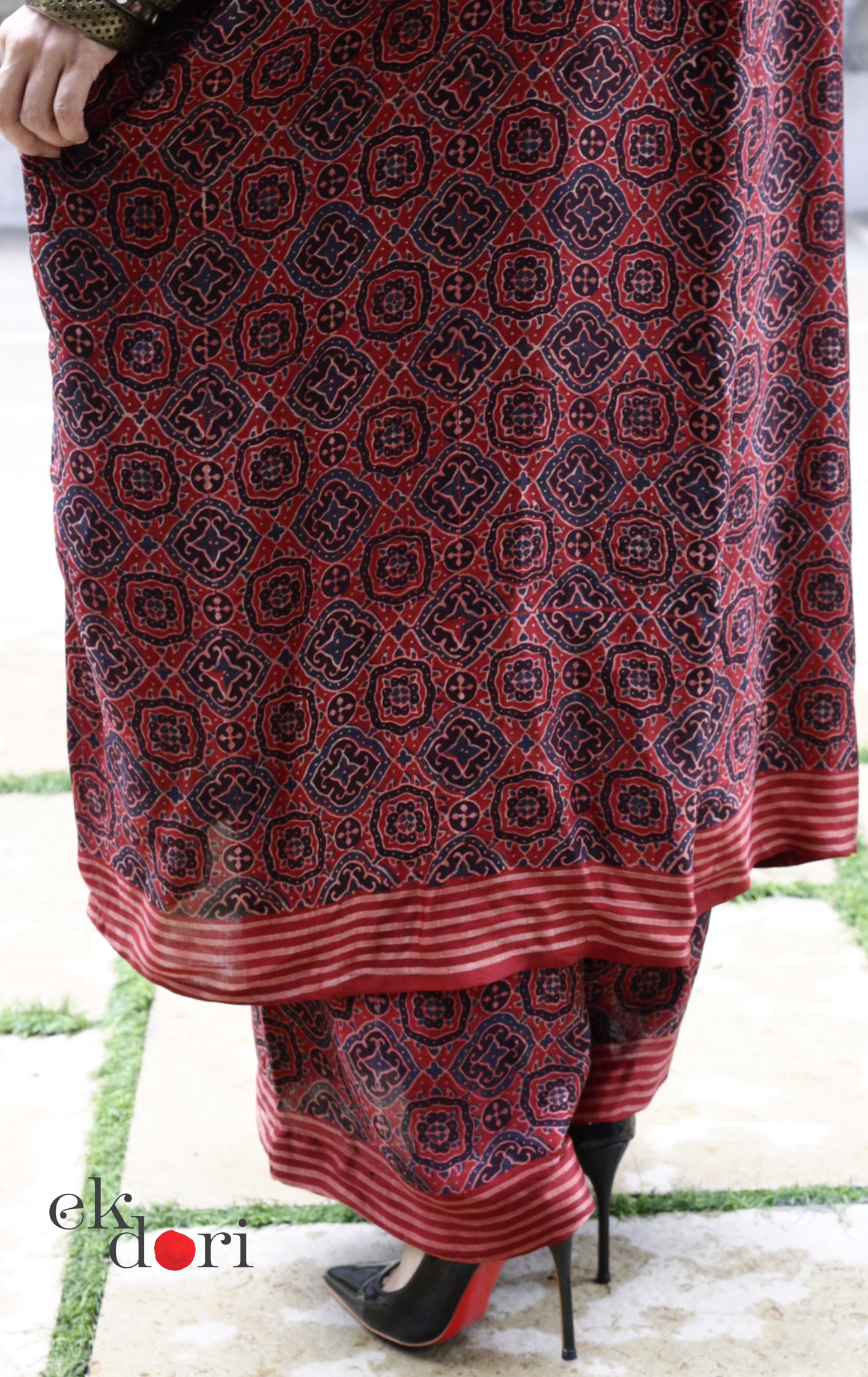Ajrakh Kaftan Kurta Dress 'Lakeer' : Modal Ajrakh Hand Block Kaftan Kurta Palazzo Set