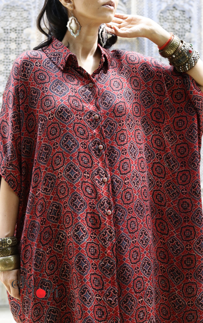 Ajrakh Kaftan Kurta Dress 'Lakeer' : Modal Ajrakh Hand Block Kaftan Kurta Palazzo Set