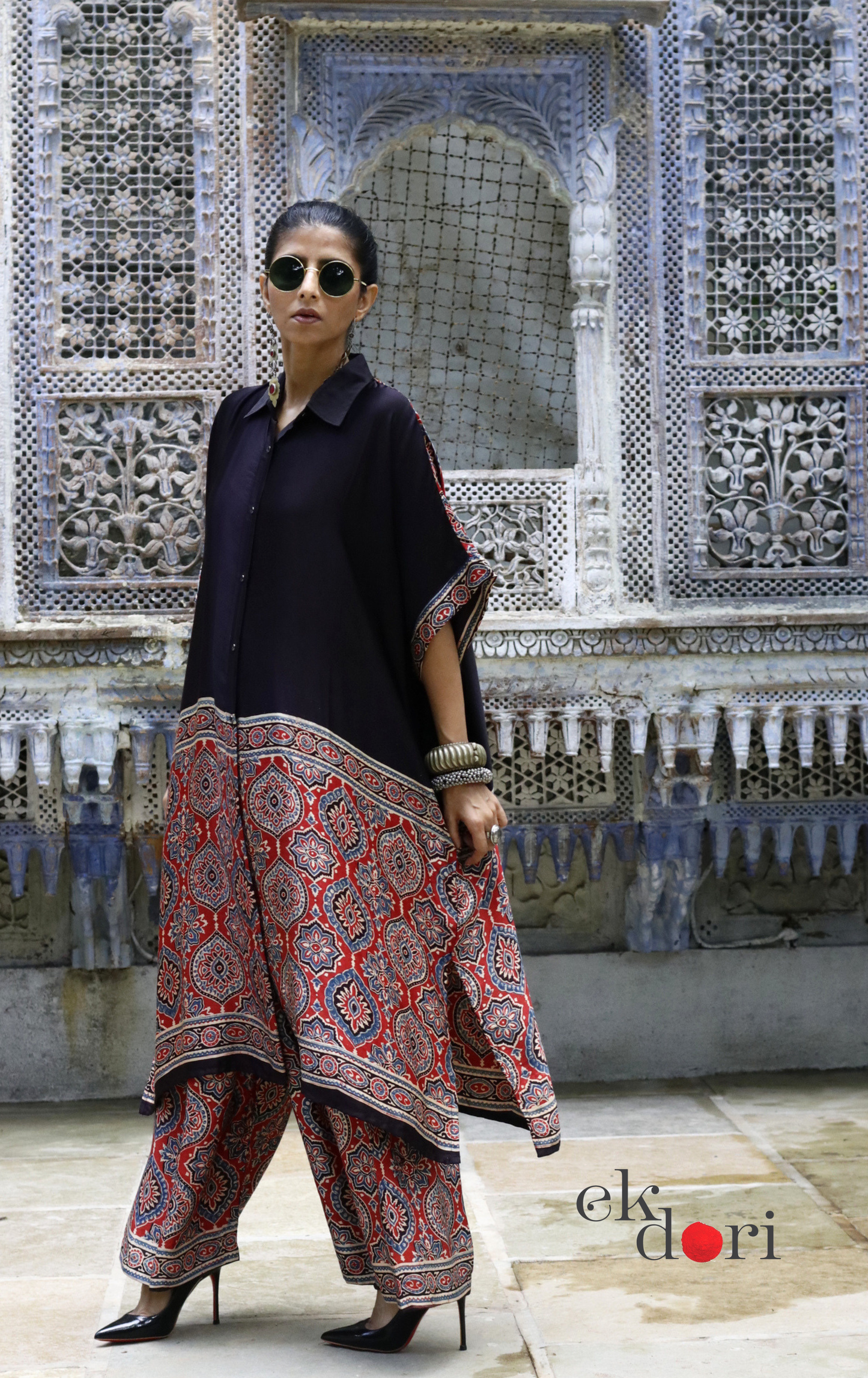 Ajrakh Kaftan Kurta Dress 'Lakeer' : Modal Ajrakh Hand Block Kaftan Kurta Palazzo Set