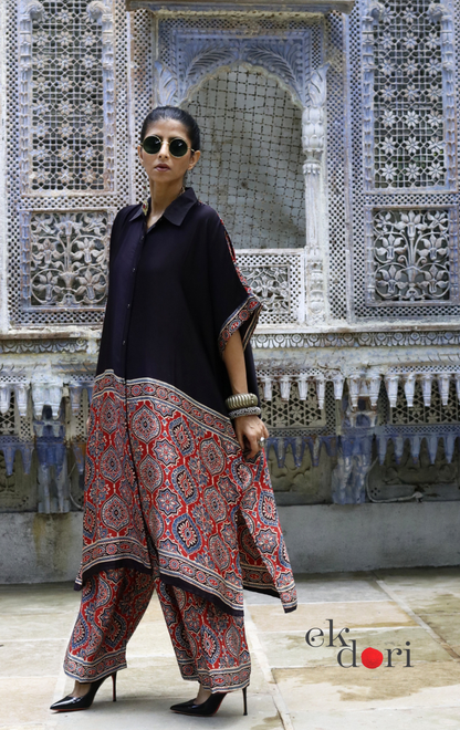 Ajrakh Kaftan Kurta Dress 'Lakeer' : Modal Ajrakh Hand Block Kaftan Kurta Palazzo Set