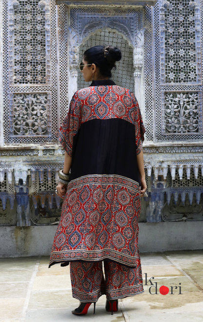 Ajrakh Kaftan Kurta Dress 'Lakeer' : Modal Ajrakh Hand Block Kaftan Kurta Palazzo Set