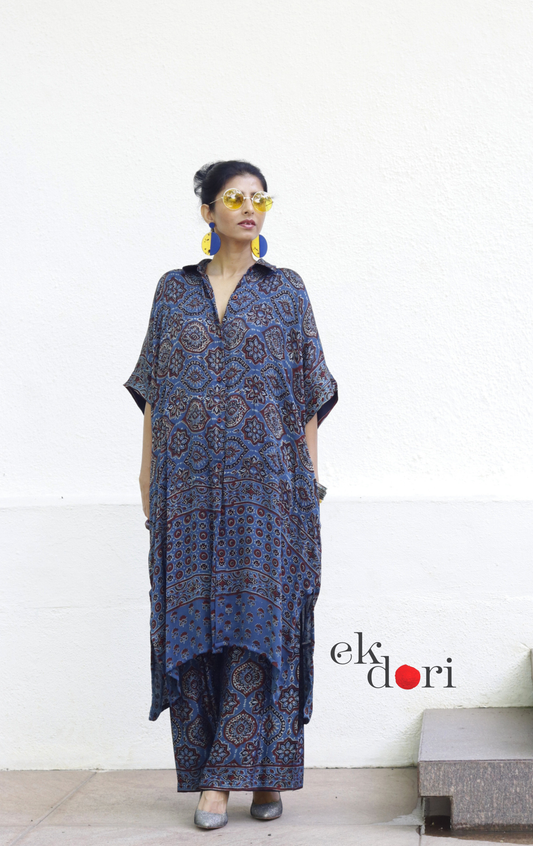 Ajrakh Kaftan Kurta Dress 'Nili Siyahi' : Modal Ajrakh Hand Block Kaftan Kurta & Palazzo Set