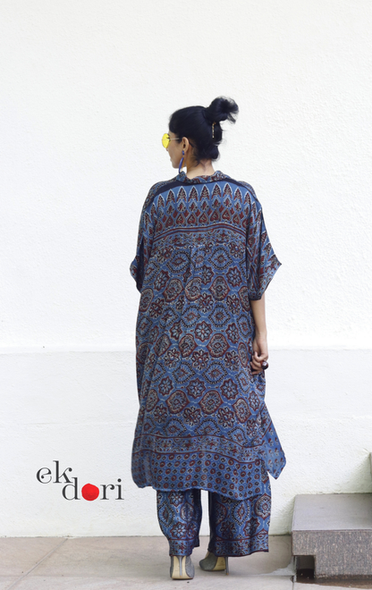 Ajrakh Kaftan Kurta Dress 'Nili Siyahi' : Modal Ajrakh Hand Block Kaftan Kurta & Palazzo Set