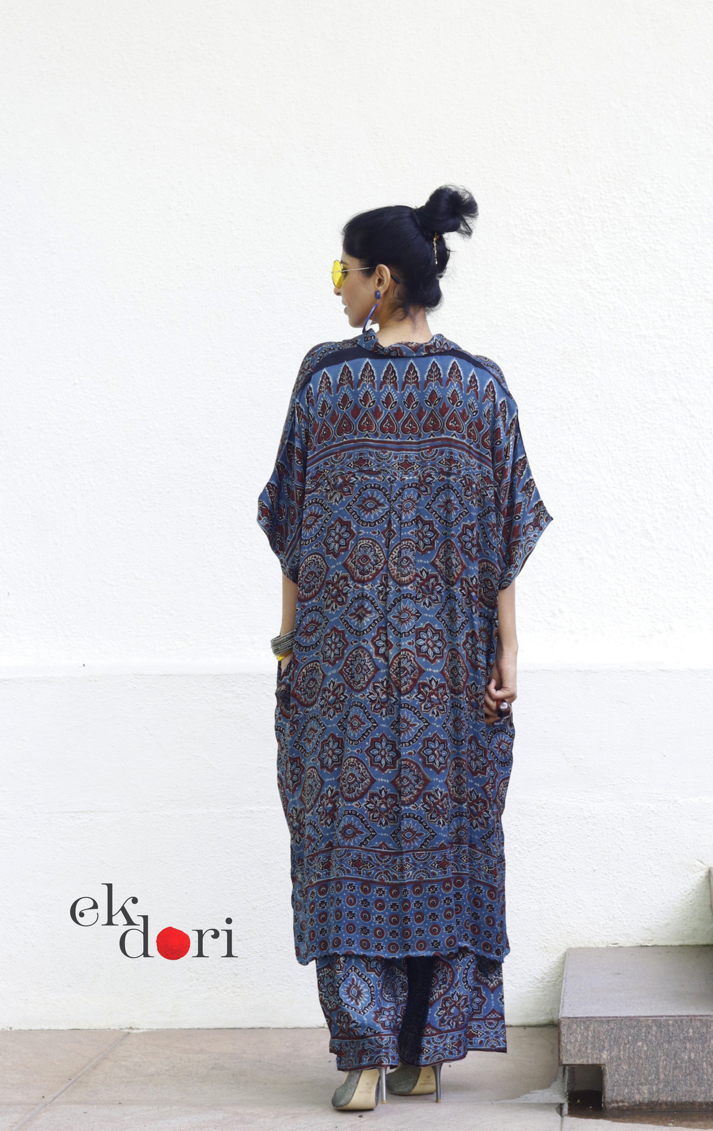 Ajrakh Kaftan Kurta Dress 'Nili Siyahi' : Modal Ajrakh Hand Block Kaftan Kurta & Palazzo Set
