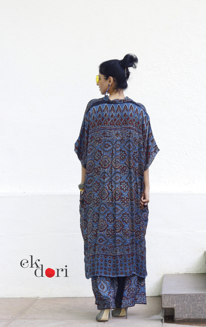 Ajrakh Kaftan Kurta Dress 'Nili Siyahi' : Modal Ajrakh Hand Block Kaftan Kurta & Palazzo Set