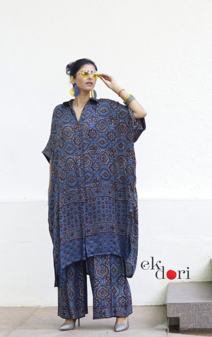 Ajrakh Kaftan Kurta Dress 'Nili Siyahi' : Modal Ajrakh Hand Block Kaftan Kurta & Palazzo Set