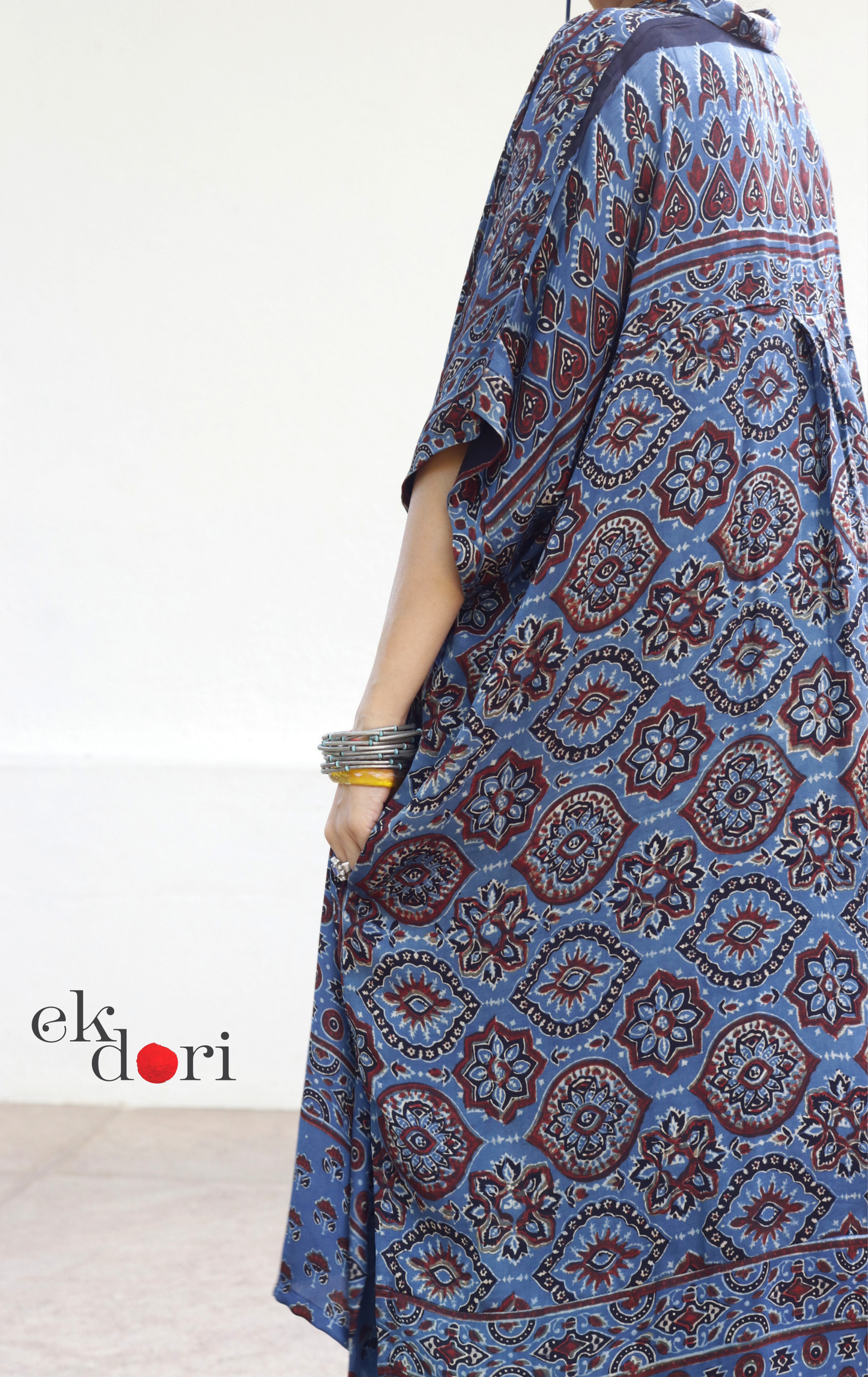 Ajrakh Kaftan Kurta Dress 'Nili Siyahi' : Modal Ajrakh Hand Block Kaftan Kurta & Palazzo Set
