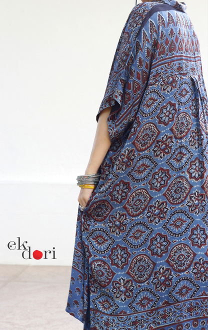 Ajrakh Kaftan Kurta Dress 'Nili Siyahi' : Modal Ajrakh Hand Block Kaftan Kurta & Palazzo Set