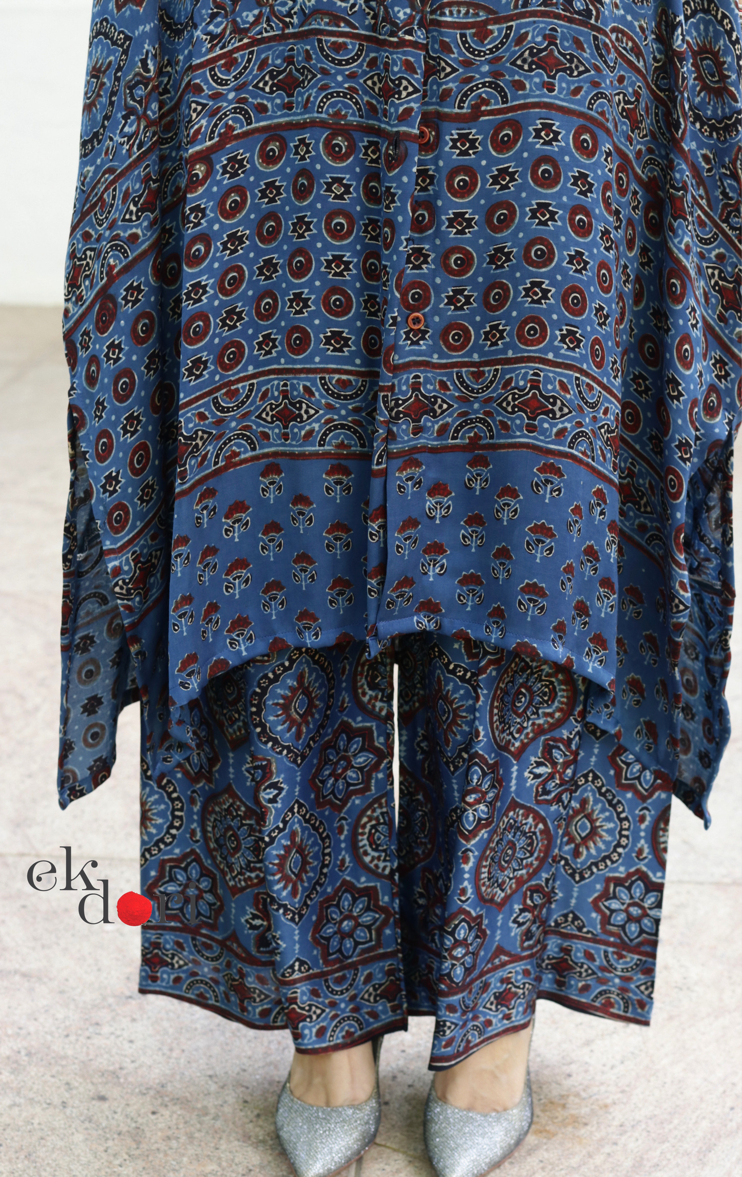 Ajrakh Kaftan Kurta Dress 'Nili Siyahi' : Modal Ajrakh Hand Block Kaftan Kurta & Palazzo Set