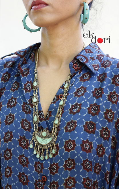 Ajrakh Kaftan Kurta Dress 'Saavan' : Modal Ajrakh Hand Block Kaftan Kurta Palazzo Set