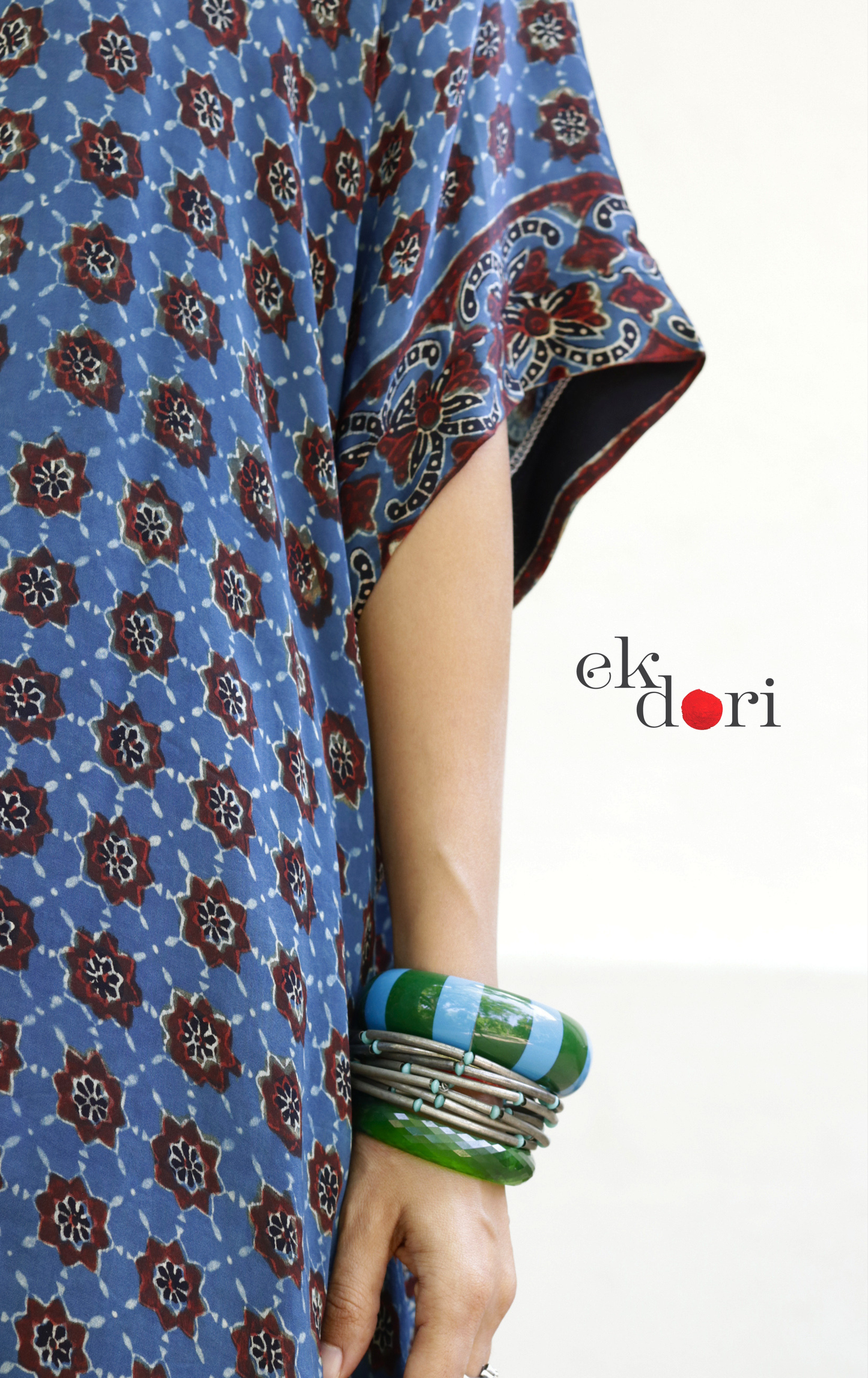 Ajrakh Kaftan Kurta Dress 'Saavan' : Modal Ajrakh Hand Block Kaftan Kurta Palazzo Set