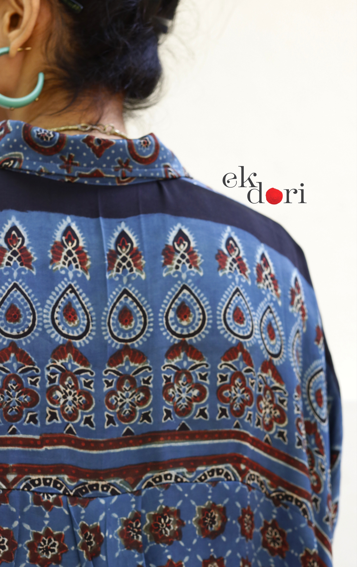 Ajrakh Kaftan Kurta Dress 'Saavan' : Modal Ajrakh Hand Block Kaftan Kurta Palazzo Set