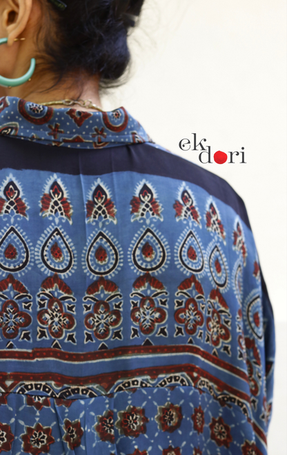 Ajrakh Kaftan Kurta Dress 'Saavan' : Modal Ajrakh Hand Block Kaftan Kurta Palazzo Set