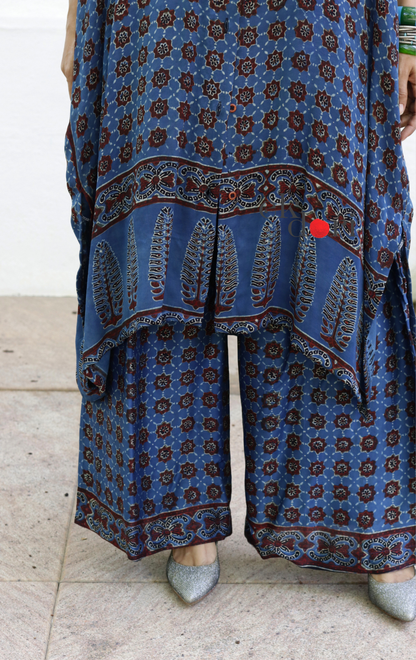Ajrakh Kaftan Kurta Dress 'Saavan' : Modal Ajrakh Hand Block Kaftan Kurta Palazzo Set