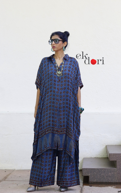 Ajrakh Kaftan Kurta Dress 'Saavan' : Modal Ajrakh Hand Block Kaftan Kurta Palazzo Set