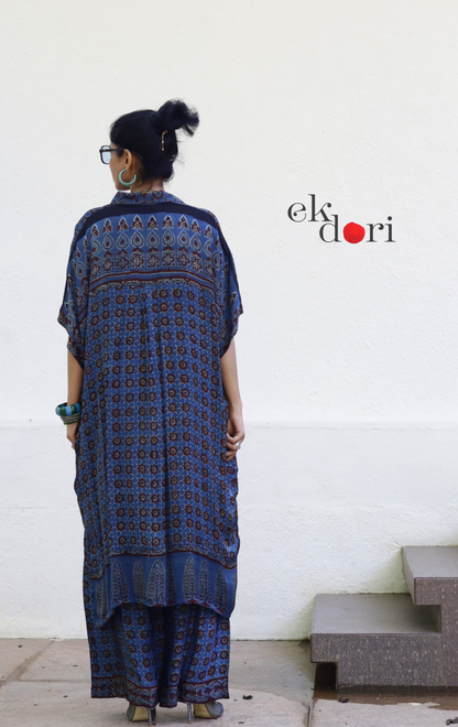Ajrakh Kaftan Kurta Dress 'Saavan' : Modal Ajrakh Hand Block Kaftan Kurta Palazzo Set