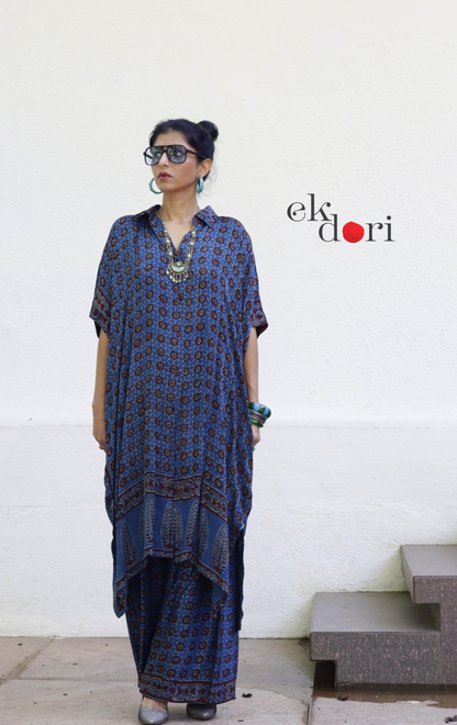 Ajrakh Kaftan Kurta Dress 'Saavan' : Modal Ajrakh Hand Block Kaftan Kurta Palazzo Set