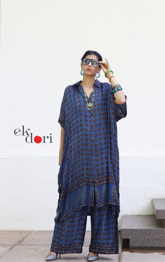 Ajrakh Kaftan Kurta Dress 'Saavan' : Modal Ajrakh Hand Block Kaftan Kurta Palazzo Set
