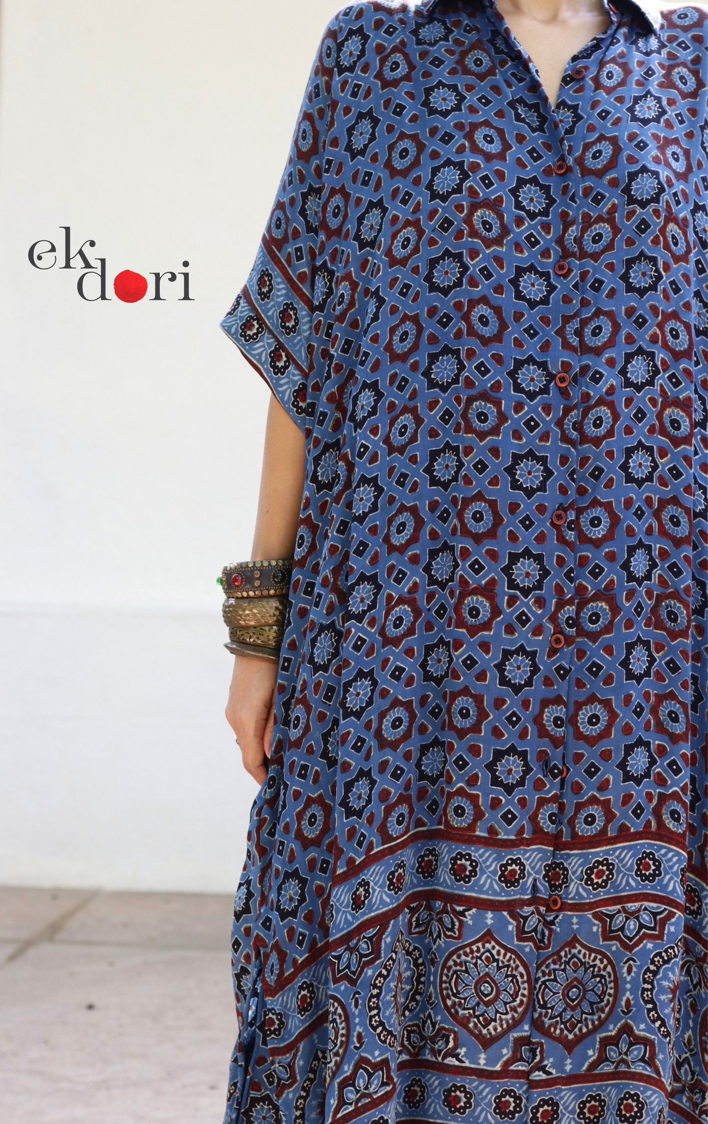 Ajrakh Kaftan Kurta Dress 'Blue Bliss' : Modal Ajrakh Hand Block Kaftan Kurta & Palazzo Set