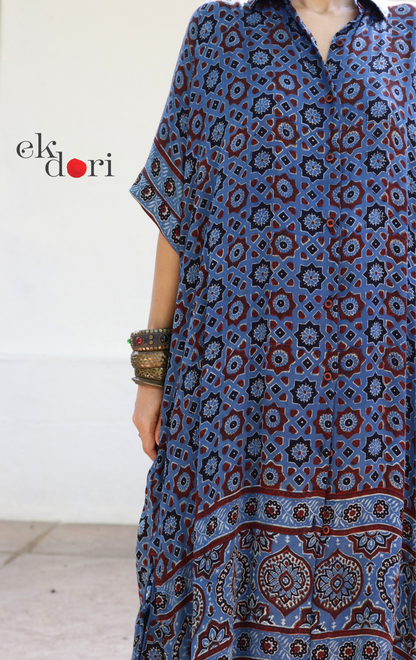 Ajrakh Kaftan Kurta Dress 'Blue Bliss' : Modal Ajrakh Hand Block Kaftan Kurta & Palazzo Set
