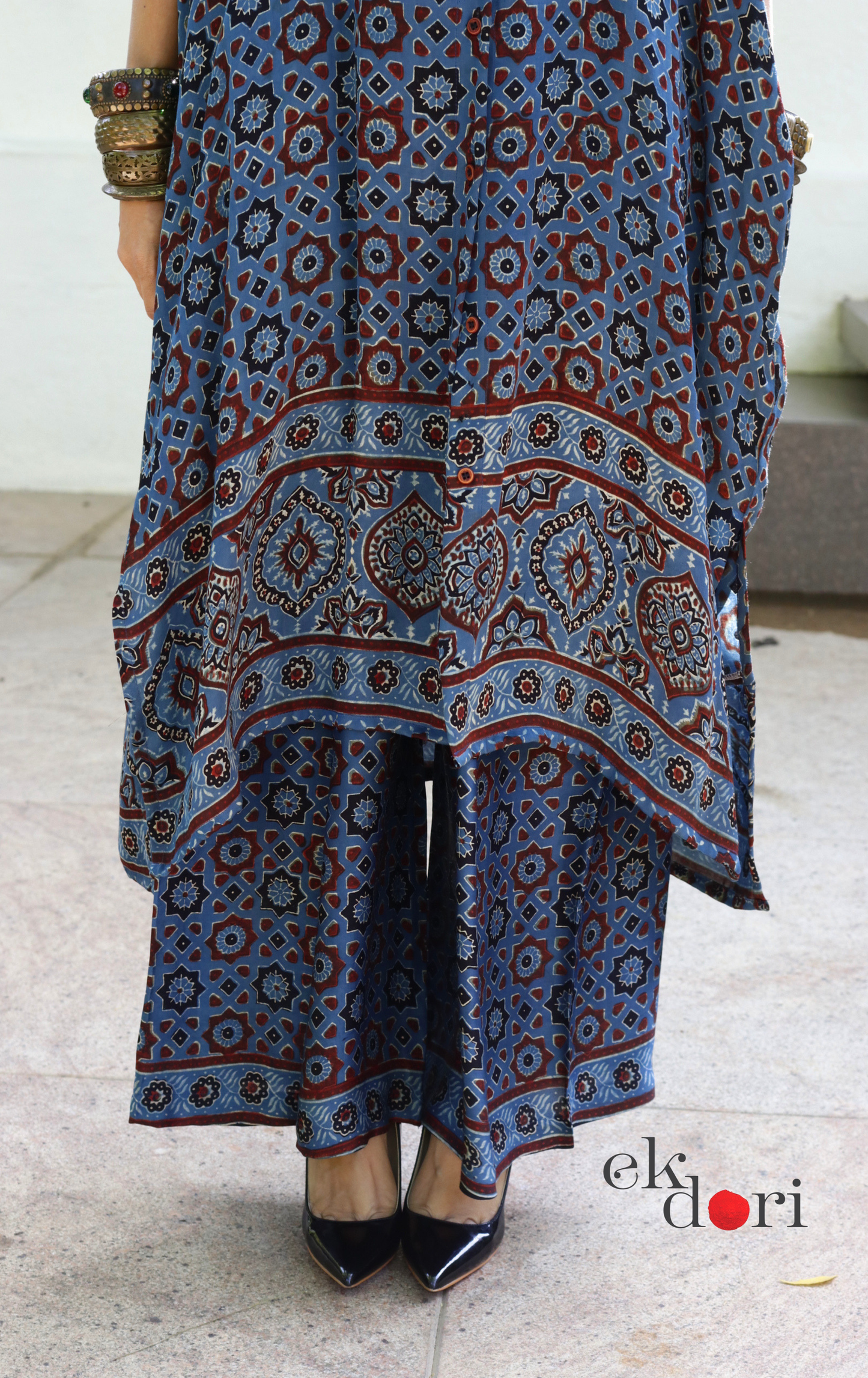 Ajrakh Kaftan Kurta Dress 'Blue Bliss' : Modal Ajrakh Hand Block Kaftan Kurta & Palazzo Set