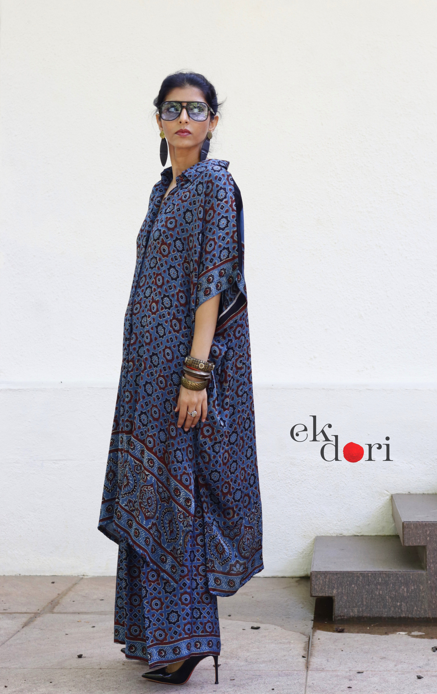 Ajrakh Kaftan Kurta Dress 'Blue Bliss' : Modal Ajrakh Hand Block Kaftan Kurta & Palazzo Set