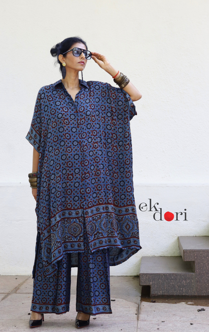 Ajrakh Kaftan Kurta Dress 'Blue Bliss' : Modal Ajrakh Hand Block Kaftan Kurta & Palazzo Set