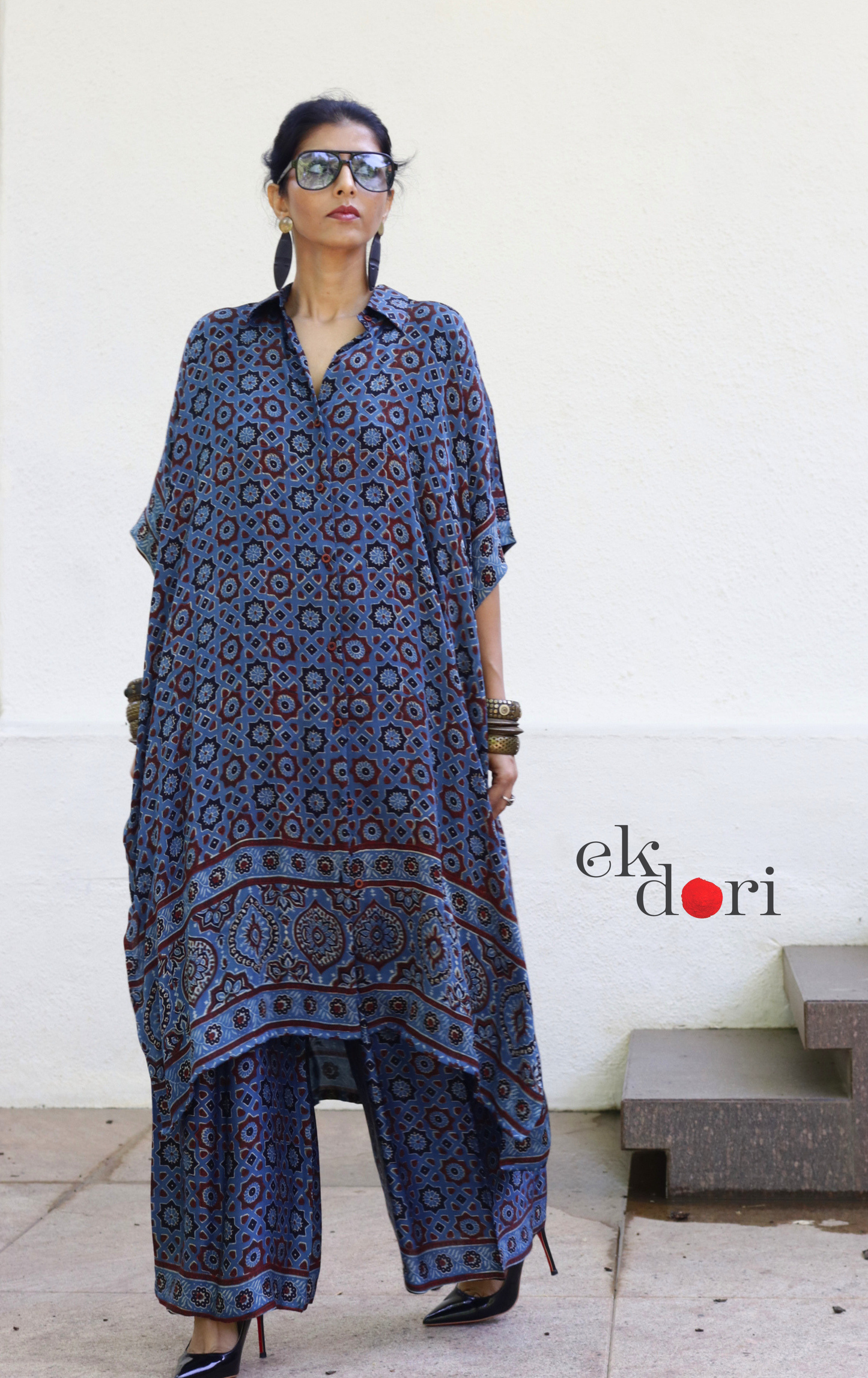 Ajrakh Kaftan Kurta Dress 'Blue Bliss' : Modal Ajrakh Hand Block Kaftan Kurta & Palazzo Set