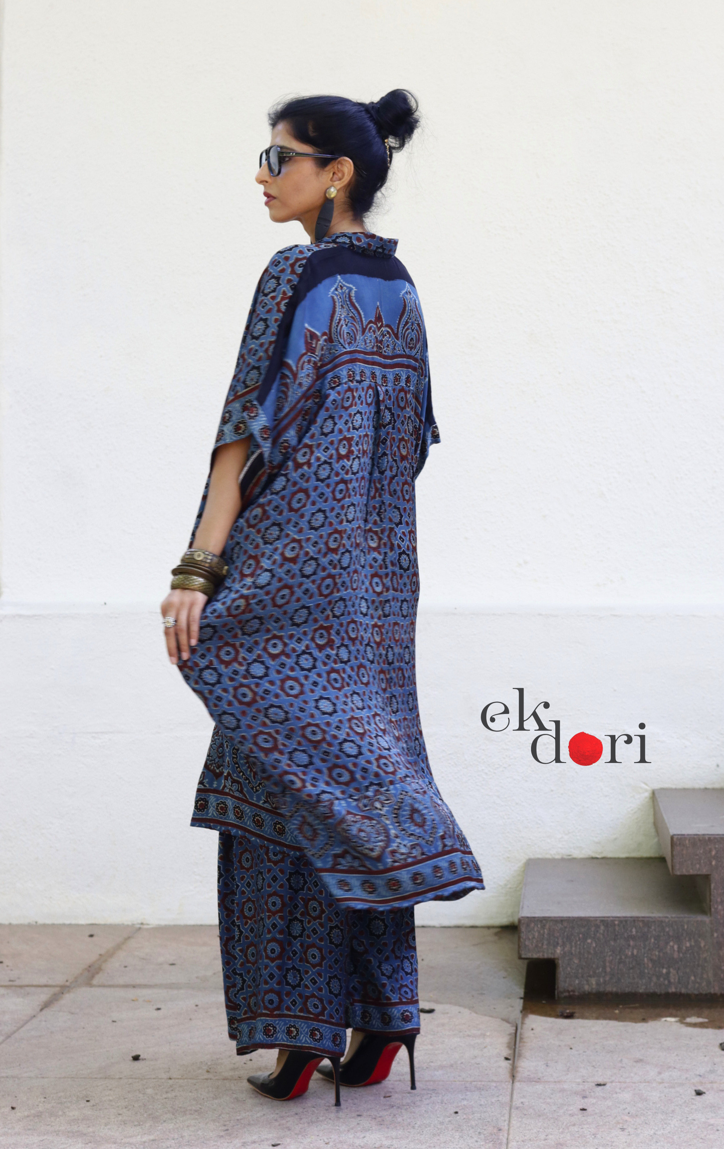 Ajrakh Kaftan Kurta Dress 'Blue Bliss' : Modal Ajrakh Hand Block Kaftan Kurta & Palazzo Set