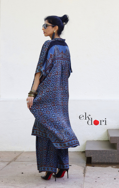 Ajrakh Kaftan Kurta Dress 'Blue Bliss' : Modal Ajrakh Hand Block Kaftan Kurta & Palazzo Set