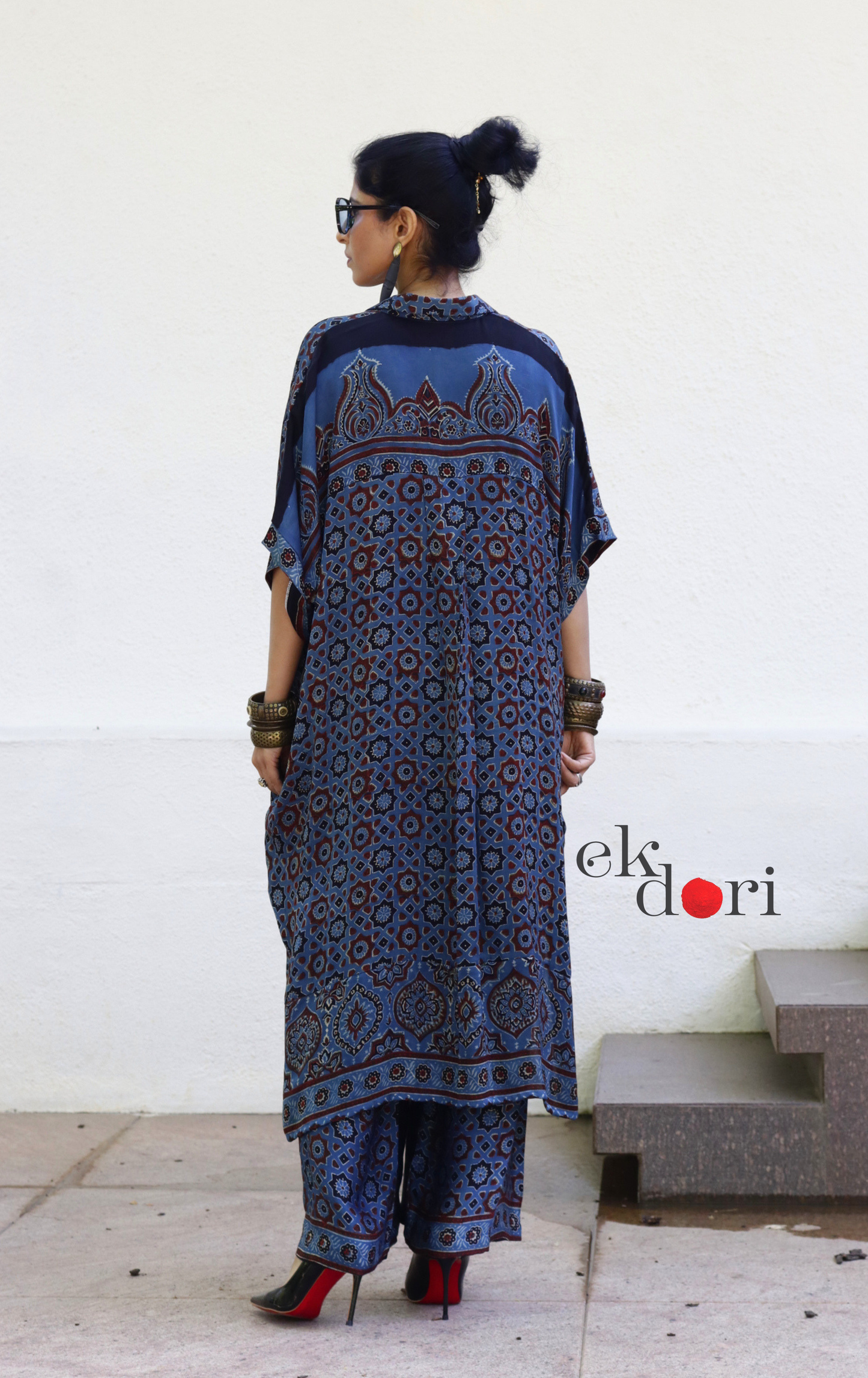 Ajrakh Kaftan Kurta Dress 'Blue Bliss' : Modal Ajrakh Hand Block Kaftan Kurta & Palazzo Set