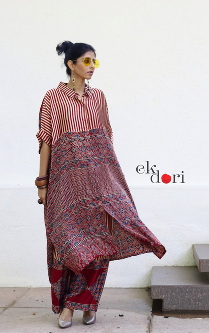 Ajrakh Kaftan Kurta Dress 'Mehfil' : Modal Ajrakh Hand Block Kaftan Kurta & Palazzo Set