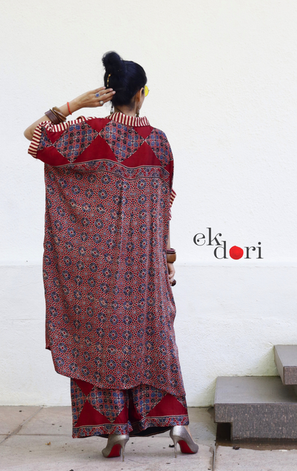 Ajrakh Kaftan Kurta Dress 'Mehfil' : Modal Ajrakh Hand Block Kaftan Kurta & Palazzo Set