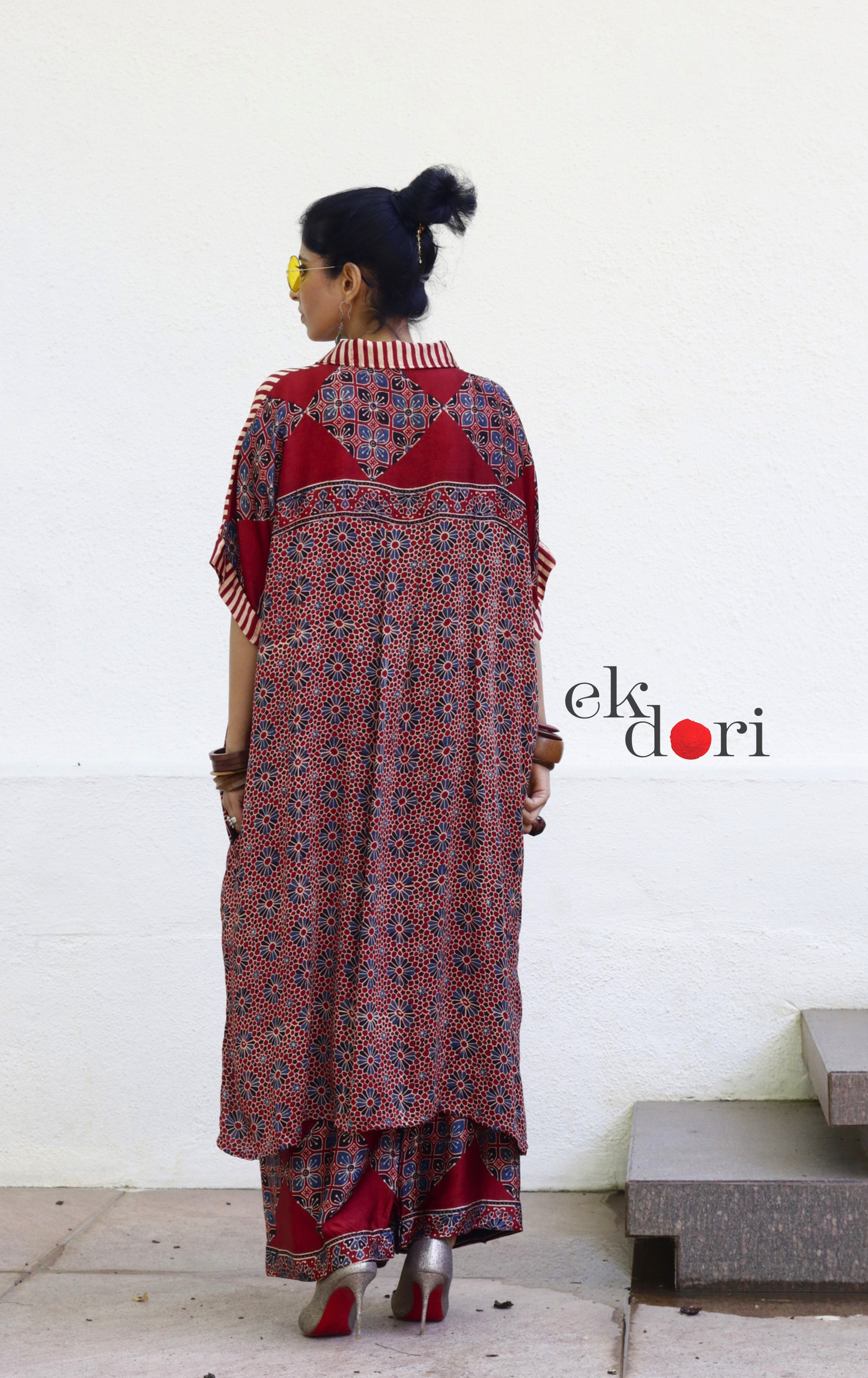 Ajrakh Kaftan Kurta Dress 'Mehfil' : Modal Ajrakh Hand Block Kaftan Kurta & Palazzo Set