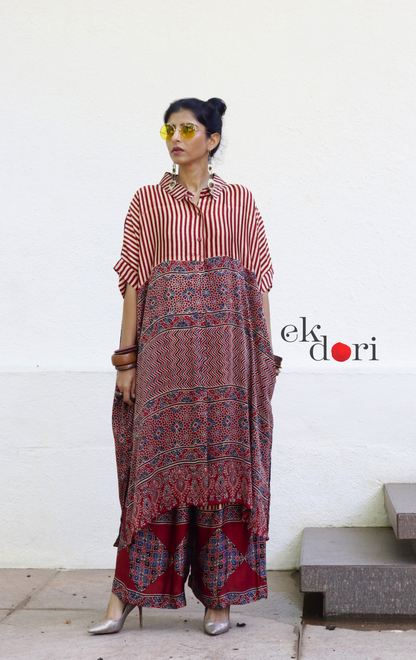 Ajrakh Kaftan Kurta Dress 'Mehfil' : Modal Ajrakh Hand Block Kaftan Kurta & Palazzo Set
