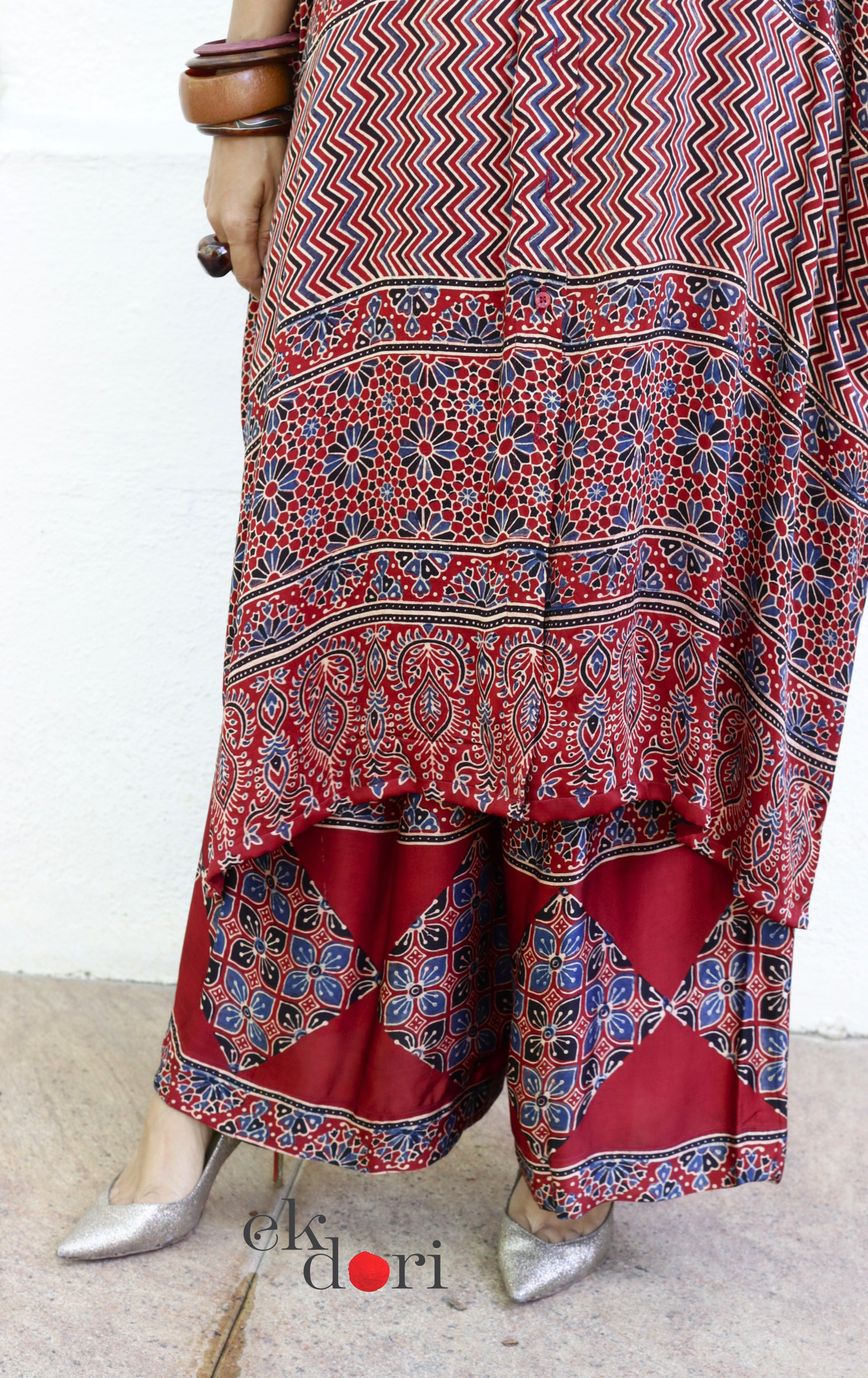 Ajrakh Kaftan Kurta Dress 'Mehfil' : Modal Ajrakh Hand Block Kaftan Kurta & Palazzo Set