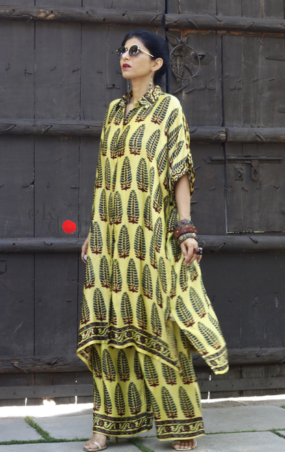Ajrakh Kaftan Kurta Dress 'Butter' : Modal Ajrakh Hand Block Kaftan Kurta & Palazzo Set