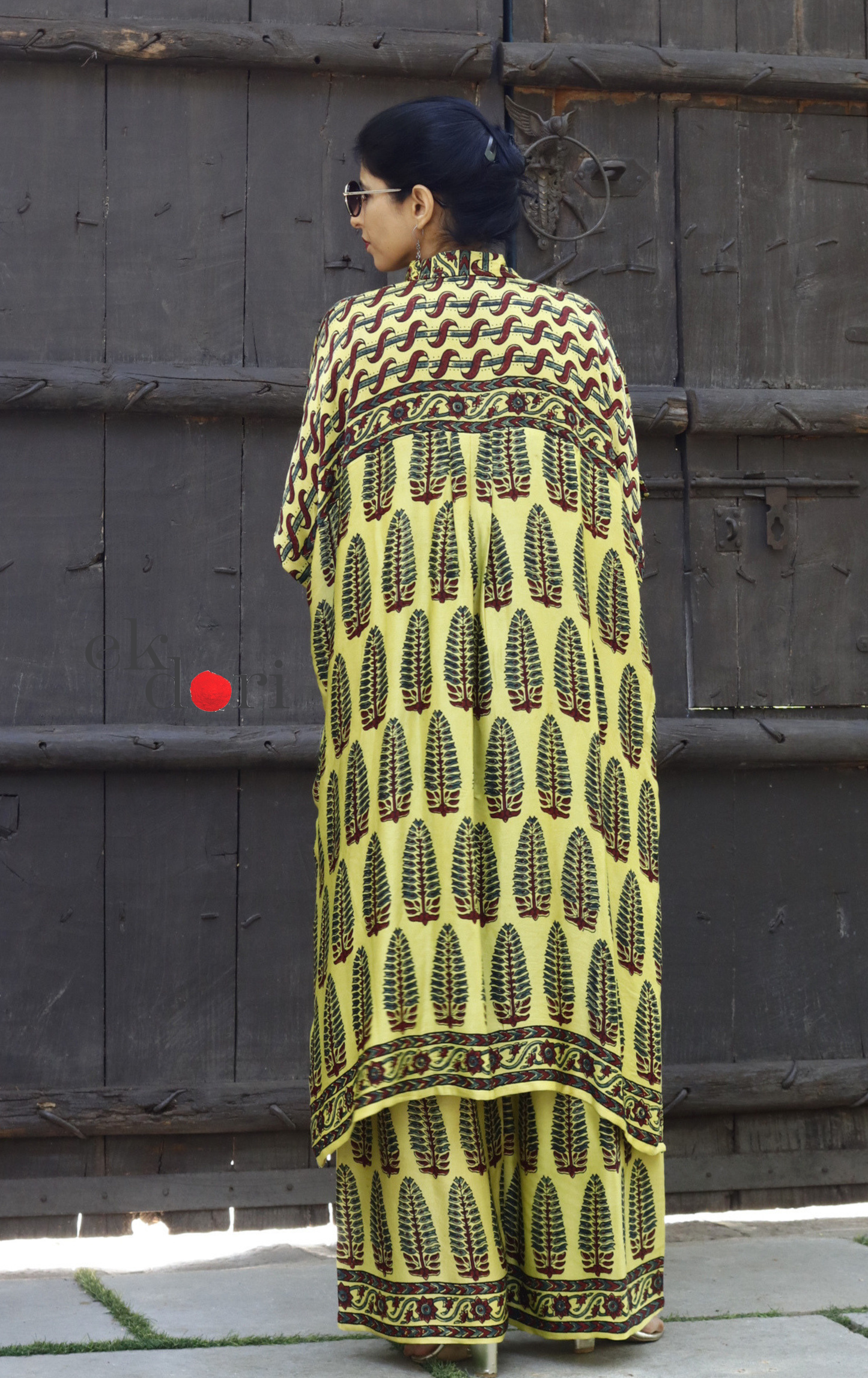 Ajrakh Kaftan Kurta Dress 'Butter' : Modal Ajrakh Hand Block Kaftan Kurta & Palazzo Set
