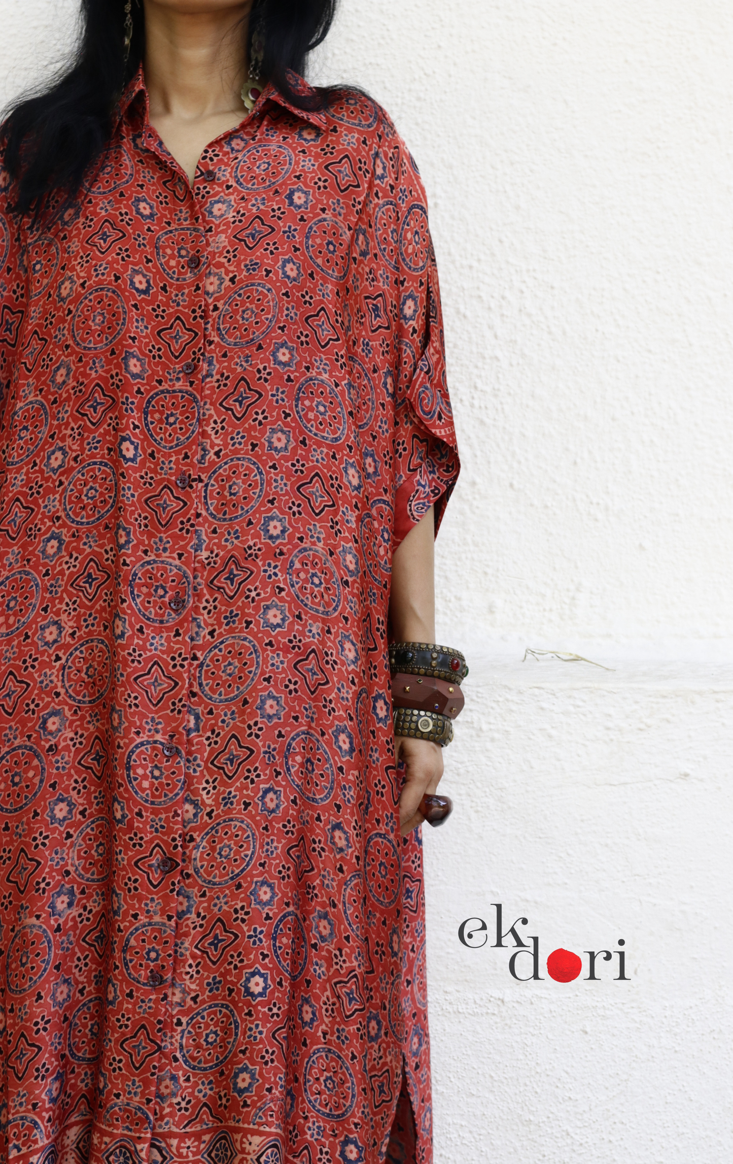 Ajrakh Kaftan Kurta Dress 'Mehfil' : Modal Ajrakh Hand Block Kaftan Kurta &amp; Palazzo Set