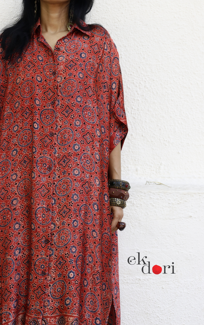 Ajrakh Kaftan Kurta Dress 'Mehfil' : Modal Ajrakh Hand Block Kaftan Kurta &amp; Palazzo Set