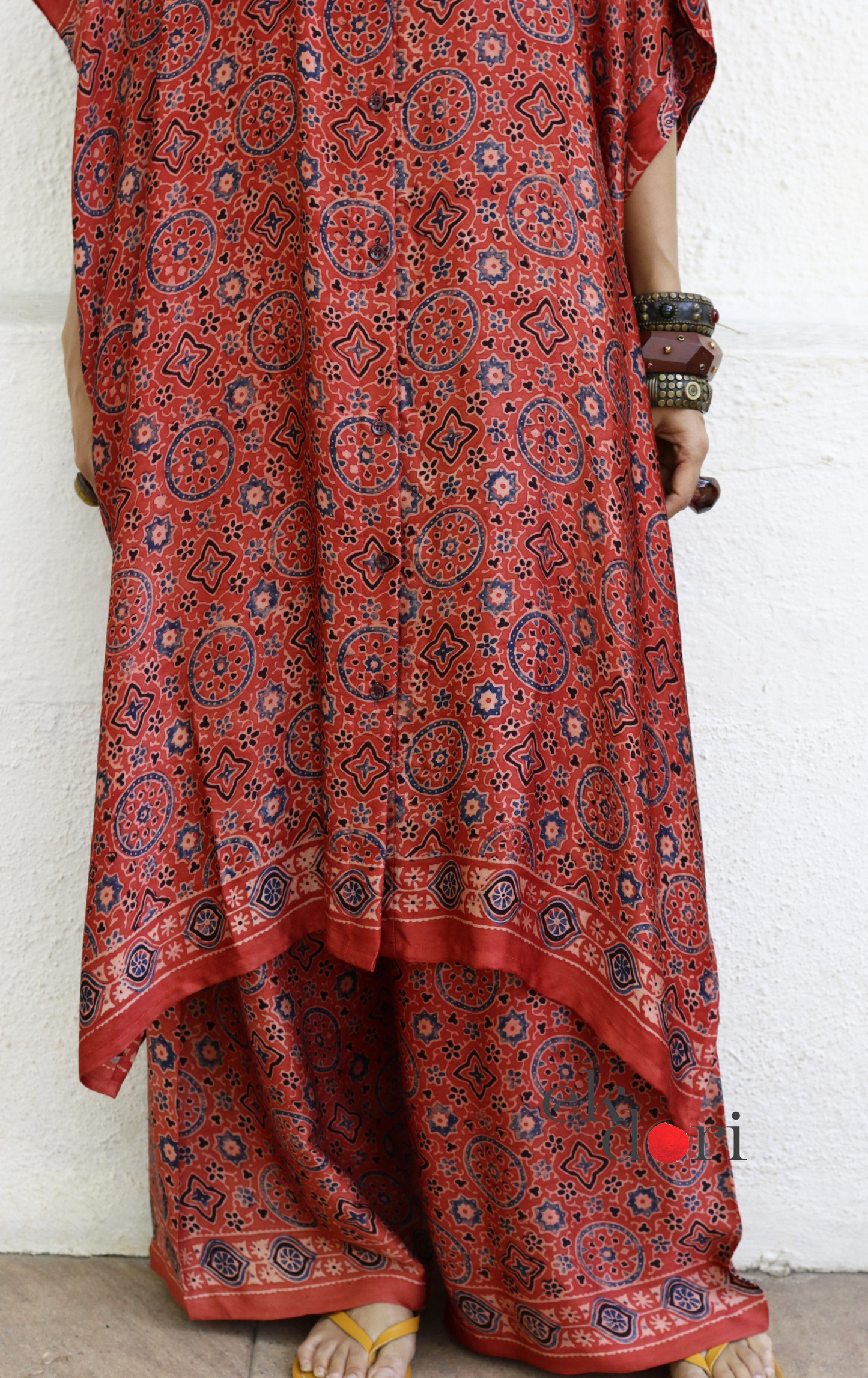 Ajrakh Kaftan Kurta Dress 'Mehfil' : Modal Ajrakh Hand Block Kaftan Kurta &amp; Palazzo Set