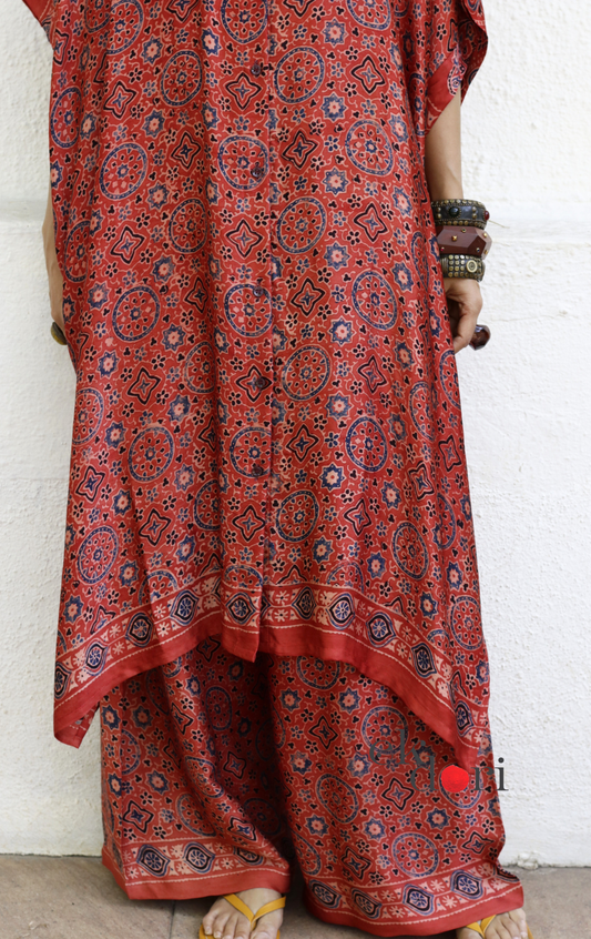 Ajrakh Kaftan Kurta Dress 'Mehfil' : Modal Ajrakh Hand Block Kaftan Kurta &amp; Palazzo Set